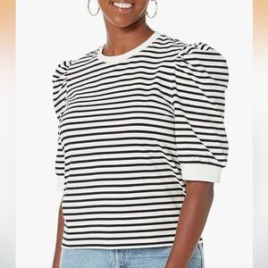 NWT The Drop Mariko Women’s Stripe Puff Sleeve Cotton Knit Top, size Large